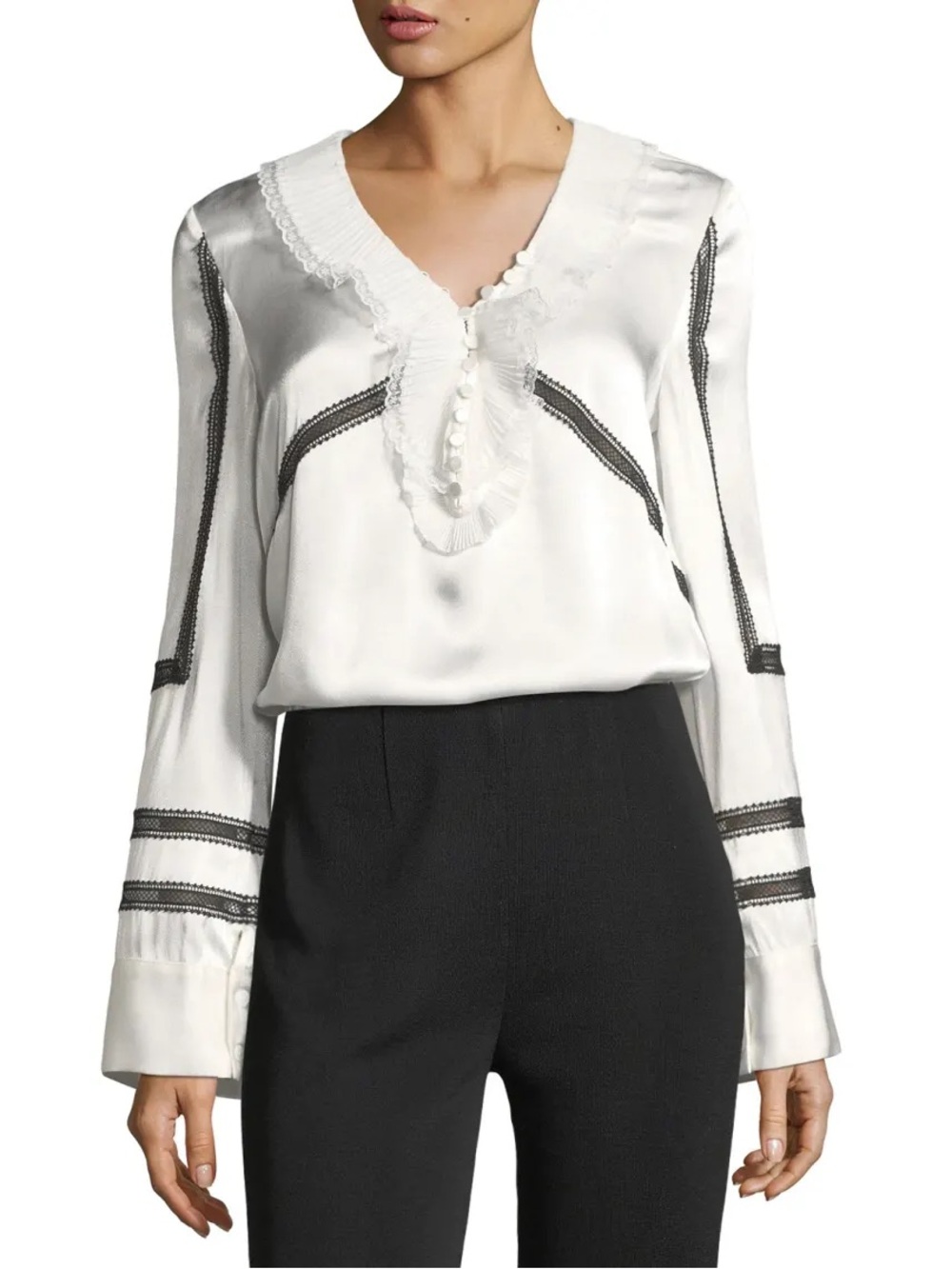 Self-Portrait White Satin V-Neck Blouse with Black Lace Insets
